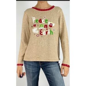 Tiara International Peace on Earth Ugly Christmas Sweater Womens XL Tan Beaded